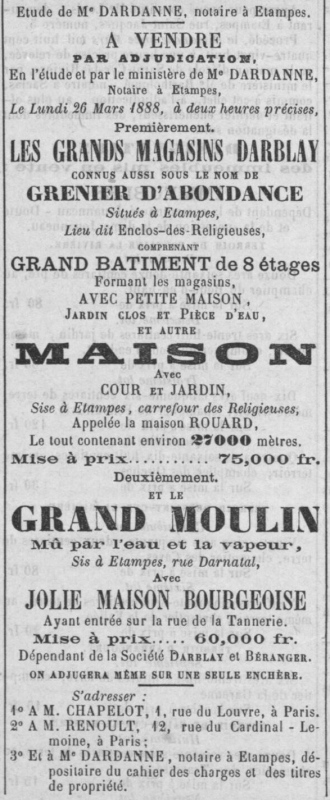 Adudication du moulin Darnatal en 1888 (Abeille d'Etampes)