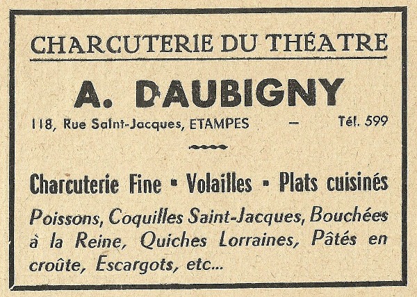 Réclame pour la charcuterie du Théâtre à Etampes tenue par André Daubigny en 1958