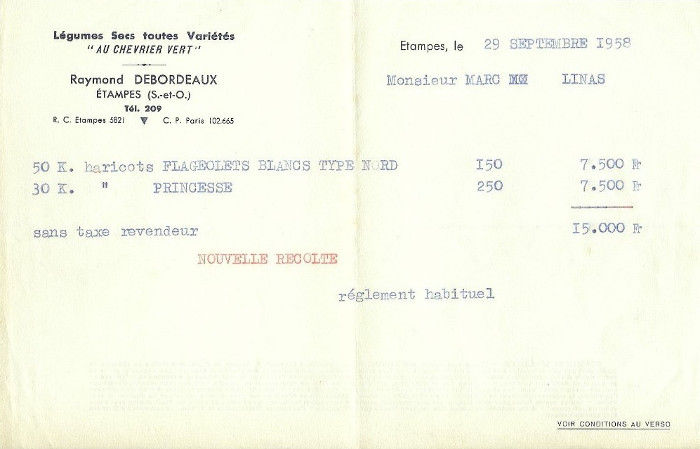 Lettre à entête de Debordeaux en 1958