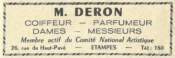 Réclame pour le salon de coiffure de M. Deron à Etampes en 1958