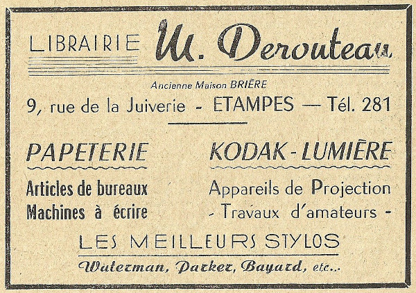 Réclame pour la librairie Derouteau à Etampes en 1958