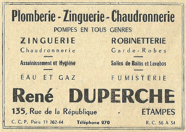 Réclame pour l'entreprise de René Duperche, plombier à Etampes en 1958