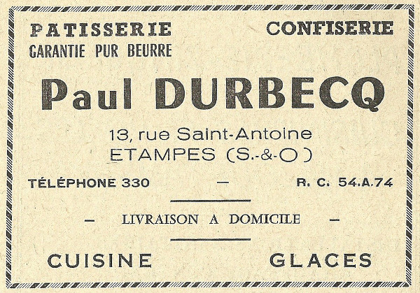 R&eacute;clame pour la p&acirc;tisserie de Paul Durbecq &agrave; Etampes en 1958