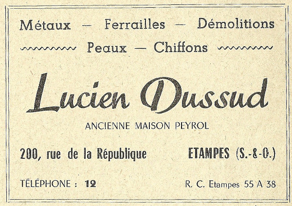 Réclame pour l’entreprise de son gendre et successeur Lucien Dussud en 1958