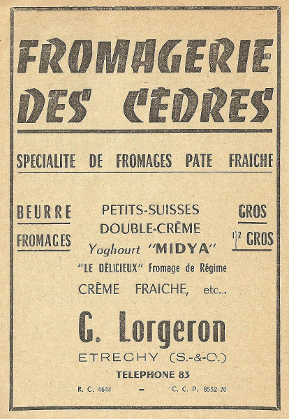 Réclame pour la fromagerie des Cèdres tenue à Etréchy par G. Lorgeron en 1958