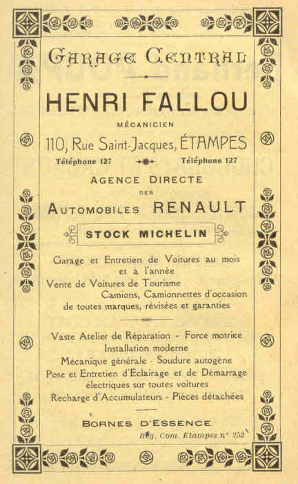 Réclame pour le Garage Central d'Henri Fallou dans l'Annuaire de 1925