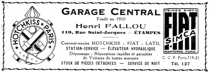 Réclame pour le Garage Central d'Henri Fallou dans le Bulletin paroissial de Saint-Martin en 1935