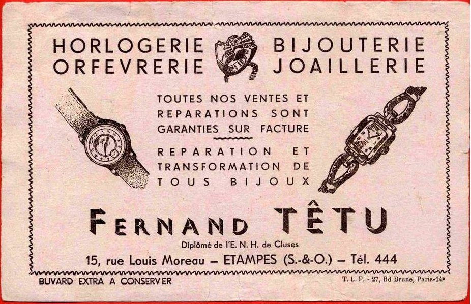 Horlogerie Bijouterie Fernand Têtu à Etampes (buvard publicitaire)