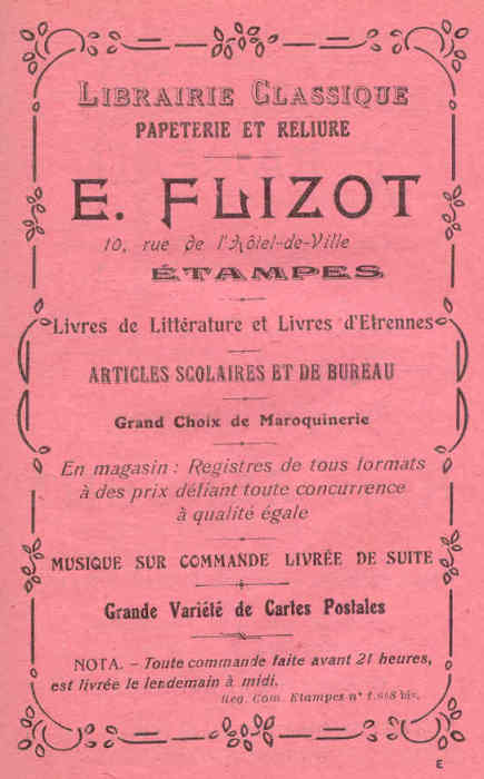 Réclame pour la librairie Flizot à Etampes en 1925