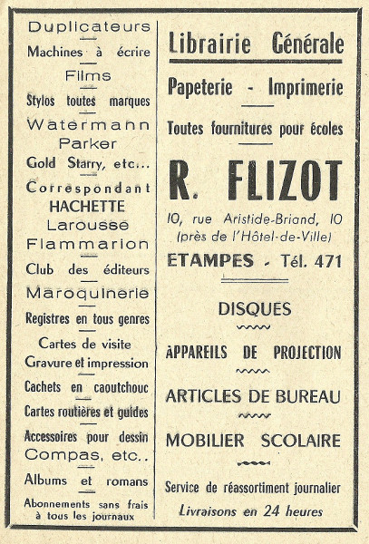 Réclame pour la librairie Flizot à Etampes en 1958