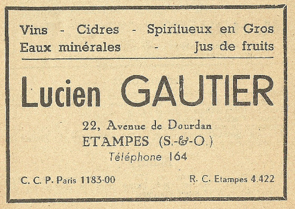 Réclame pour le commerce de vins de Lucien Gautier à Etampes en 1958