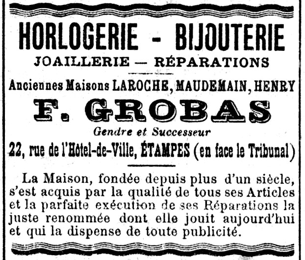 Réclame l'horlogerie Grobas à Etampes en 1921