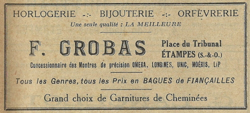 Réclame pour l'horlogerie Grobas dans le bulletin paroissial de Saint-Martin d'Etampes en 1935