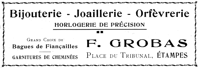 Réclame pour l'horlogerie Grobas dans le bulletin paroissial de Saint-Martin d'Etampes en 1935