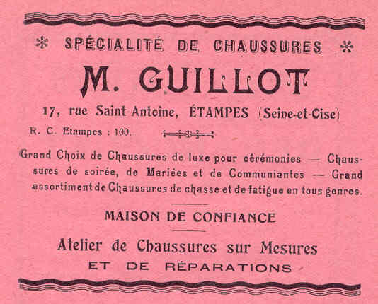 Réclame pour le commerce de chaussures de Marcel Guillot en 1925