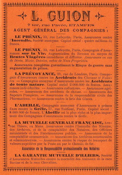 Réclame pour L. Guion, assureur à Etampes, 1898