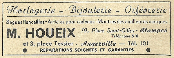 Réclame pour les horlogeries-bijouteries de M. Houeix à Etampes et Angerville en 1958