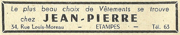 Réclame pour le magasin de vêtements Chez Jean-Pierre, tenu par Mendel Huberman à Etampes en 1958