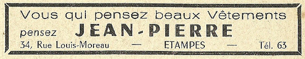 Réclame pour le magasin de vêtements Chez Jean-Pierre, tenu par Mendel Huberman à Etampes en 1958