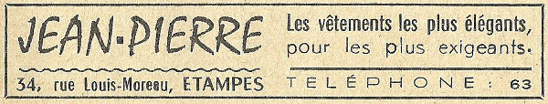 Réclame pour le magasin de vêtements Chez Jean-Pierre, tenu par Mendel Huberman à Etampes en 1958