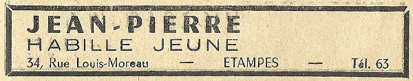 Réclame pour le magasin de vêtements Chez Jean-Pierre, tenu par Mendel Huberman à Etampes en 1958