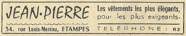 Réclame pour le magasin de vêtements Chez Jean-Pierre, tenu par Mendel Huberman à Etampes en 1958