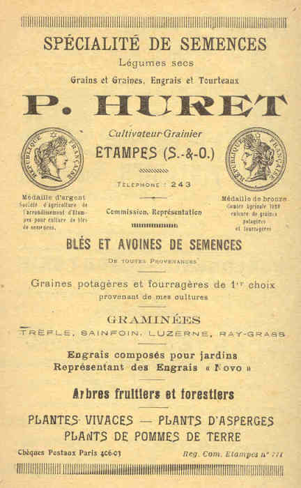 Réclame pour l'entreprise de P. Huret, grainetier à Etampes en 1925