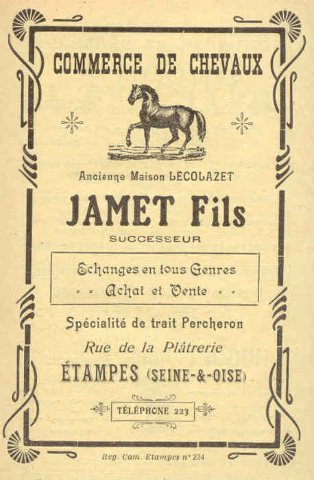 Réclame pour le commerce de chevaux de Jamet fils à Etampes en 1920