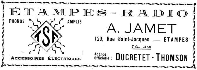 Réclame de 1936 pour l'entreprise Etampes-Radio tenue par André Jamet à Etampes en 1936