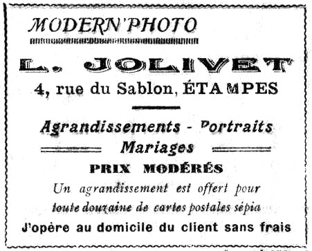 Réclame pour Jolivet dans l'Abeille d'Etampes du 31 mai 1930