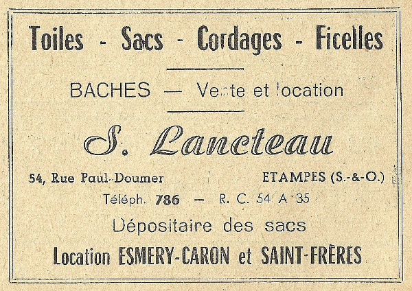 Réclame Lancteau (annuaire d'Etampes, 1958)