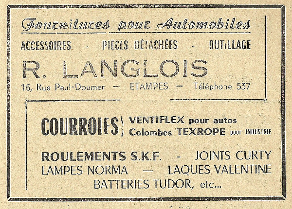 Réclame de 1958 pour la boutique de fournitures pour automobiles de René Langlois à Etampes en 1958