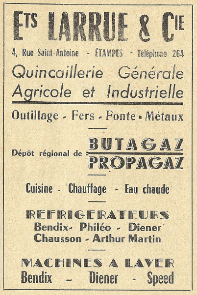 Réclame de 1958 pour la quincaillerie Larrue à Etampes en 1958