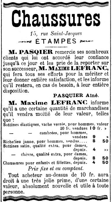 Annonce dans l'Abeille d'Etampes du 26 juin 1901