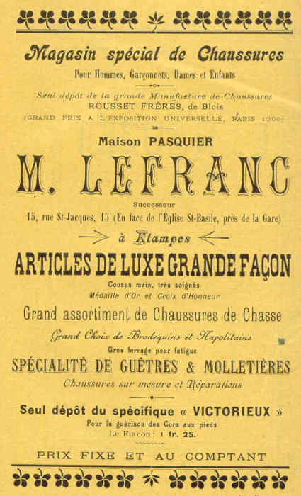 Réclame pour Maxime Lefranc, chausseur à Etampes (1902)
