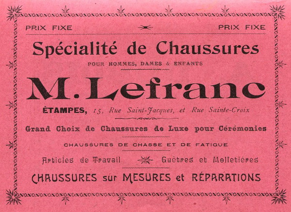 Réclame pour Maxime Lefranc, chausseur à Etampes (1909)