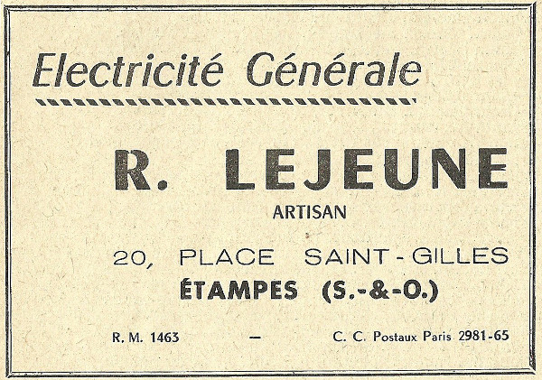 Réclame de 1958 pour lentreprise d'électricité générale de R. Lejeune à Etampes