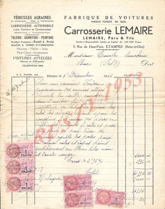 Carrosserie Lemaire à Etampes (Facture, 1946)