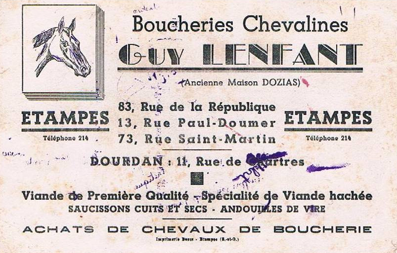 Buvard publicitaire pour les trois boucheries chevalines de Guy Lenfant à Etampes