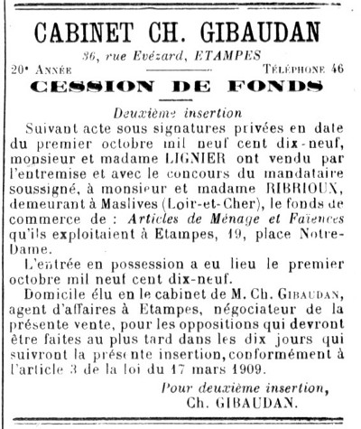 Avis de cession en 1919