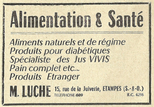 Réclame pour le commerce de Maurice Luche à Étampes en 1958