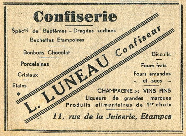 Réclame de 1935 pour la confiserie étampoise de L. Luneau