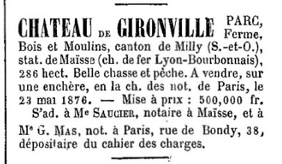 Vente du château de Gironville (1876)