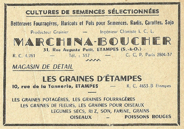 Réclame pour le commerce de Louis Marchina à Étampes en 1958