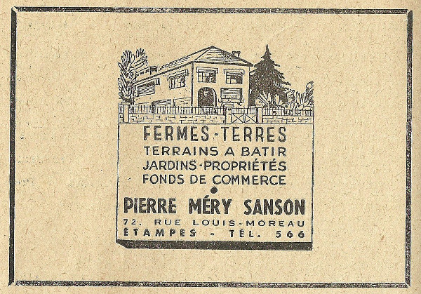 Réclame pour l'agence de Pierre Méry-Sanson à Étampes en 1958