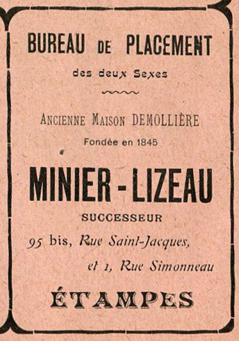 Réclame pour Minier-Lizeau, bureau de placement à Etampes, 1913