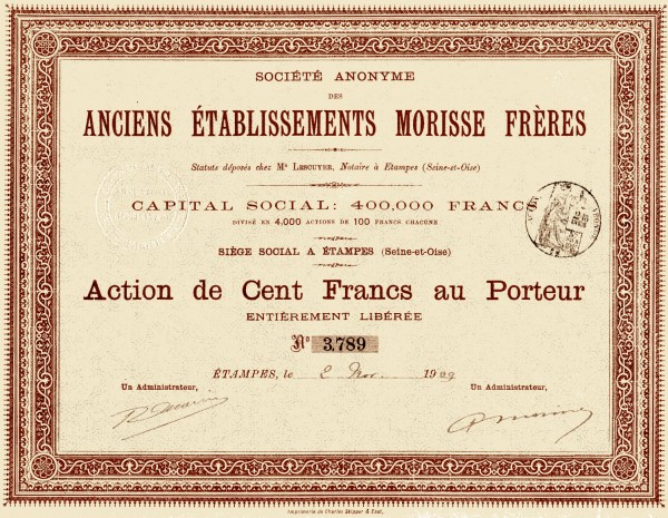 Action de 100 francs au porteur émise le 2 novembre 1909