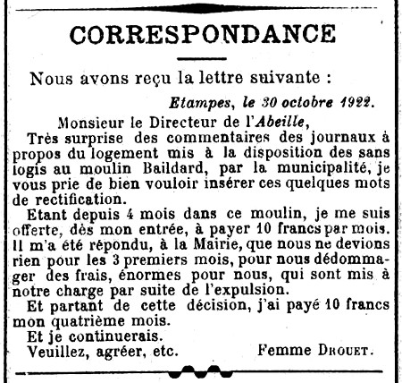 Lettre une résidente du moulin Baildar en 1922