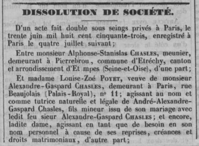 Annonce parue dans l'Abeilled'Etampes du 16 juillet 1853