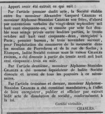 Annonce parue dans l'Abeilled'Etampes du 16 juillet 1853